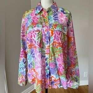 Lauren Ralph Lauren size large buttonup top floral design rolled tabbed sleeves